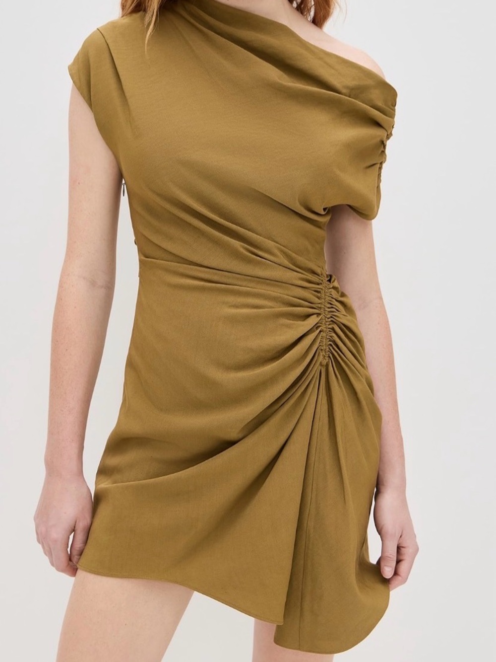 A.L.C. Poppy One-Shoulder Ruched Olive Dress